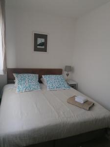1 dormitorio con 1 cama con almohadas azules y blancas en Chambre double avec salle de bain commune, a 2 min de la Croisette, en Cannes