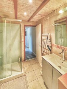 uma casa de banho com um chuveiro e um lavatório. em Ti Kaz Auberge em Saint-Just