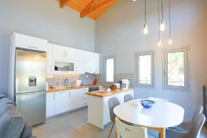 a kitchen with a table and a white refrigerator at Villa Christina in Pouládes