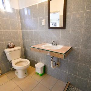 a bathroom with a toilet, sink, and mirror at Las Palapas de Punta Allen in Tulum