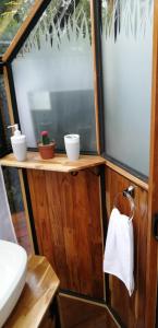 a small bathroom with a sink and a window at Cristal House Mountain View in Heredia