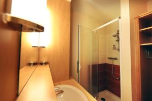 a bathroom with a shower and a sink and a toilet at Le Bucheron au cœur du massif des Vosges 3 étoiles in Gérardmer +19 photos