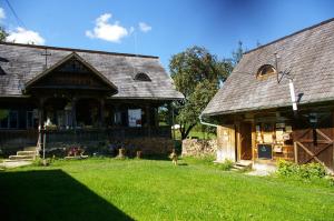 a dog running in front of a house at Babou Maramures in Breb