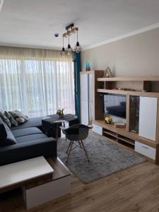 een woonkamer met een blauwe bank en een tv bij D&N Apartments Синеморец in Sinemorets