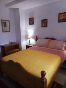 HinojaresにあるCasa en la Plaza, Hinojares Vivienda Ruralのベッドルーム1室(大型ベッド1台、黄色い毛布付)