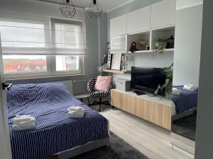 a bedroom with a bed and a television in it at Centrum 9 in Kołobrzeg