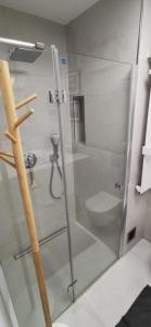 a bathroom with a glass shower with a toilet at Centrum 9 in Kołobrzeg