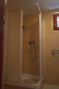 a shower with a glass door in a bathroom at Olajos Apartman in Berekfürdő