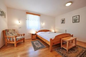 1 dormitorio con 1 cama y 1 silla en Turistična kmetija Stoglej, en Luče