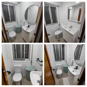 uma casa de banho com 2 WC, um lavatório e um espelho. em TRAVIESAS, MANOLO MARTINEZ. em Vigo