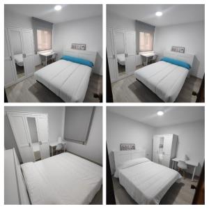 three pictures of a bedroom with two beds and a table at TRAVIESAS, MANOLO MARTINEZ. in Vigo
