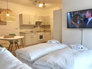 ein Zimmer mit zwei Betten und einem Fernseher an der Wand in der Unterkunft Komfortappartement Kopenhagen in Sassnitz