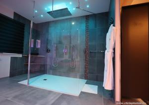 La salle de bains est pourvue d'une douche avec une porte en verre. dans l'établissement Ds Plaisir Love Room avec sauna, jacuzzi à Nancy, à Nancy