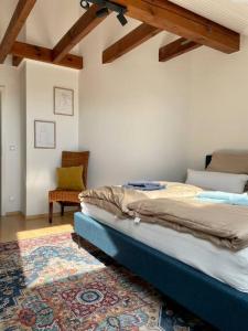 1 dormitorio con 1 cama y 1 silla en una habitación en FeWo Weitblick in ruhiger und gemütlicher Lage, en Oberteuringen