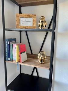 a book shelf with books and stuffed animals on it at FeWo Weitblick in ruhiger und gemütlicher Lage in Oberteuringen