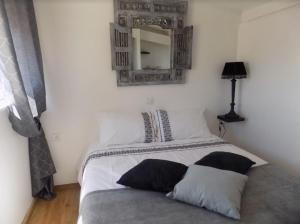 a bedroom with a bed with a mirror on the wall at B&B La Vieille Source in Saint-Martin-dʼArdèche