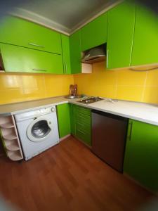 een keuken met groene kasten en een wasmachine bij однокомнатная квартира в сердце города in Krivoy Rog