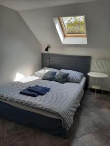 una camera da letto con un letto con asciugamani blu sopra di Statek u kapličky a Skalka