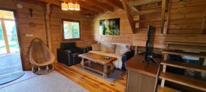 a living room with a couch and a tv in a log cabin at Domek Mazury - Jezioro Orzysz in Orzysz