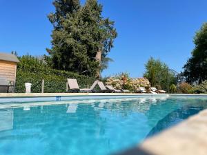 een zwembad met blauw water en ligstoelen bij Au Soleil d'Or in Pontaubert