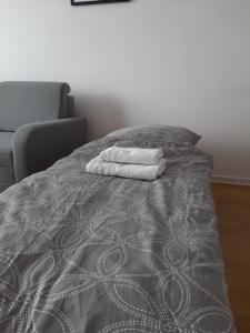 En eller flere senge i et værelse på KAWALERKA 28M SALON Z KUCHNIĄ CENTRUM NOWY SĄCZ