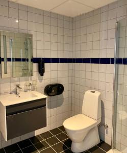 a bathroom with a toilet and a sink at Hotell Solstickan in Mellbystrand