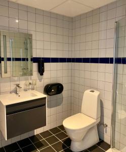 a bathroom with a toilet and a sink at Hotell Solstickan Mellbystrand in Mellbystrand +44 photos