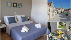 - une chambre avec un lit bleu et un balcon dans l'établissement Apartman Family Čović, à Opuzen