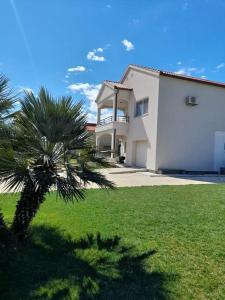 a large white house with a palm tree in front of it at Apartman Family Čović in Opuzen