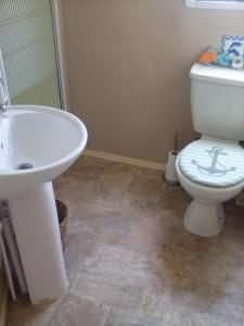a bathroom with a white sink and a toilet at River Views Dog friendly caravan 3 bedrooms in Rye