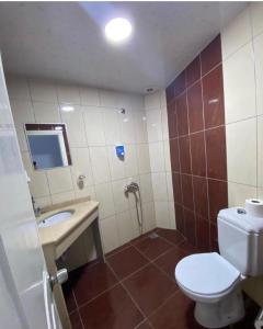 a small bathroom with a toilet and a sink at Günaydın Otel Alanya in Alanya