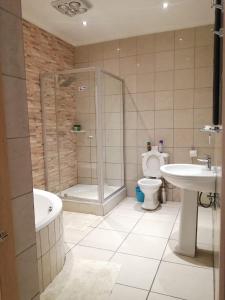 y baño con ducha, aseo y lavamanos. en Esperanca Guesthouse en Windhoek