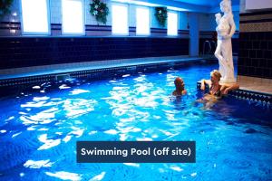 The Spa Chalet Scarborough Hot tub, pool, gym, beach location في سكرابورو: ثلاثة أطفال يلعبون في مسبح مع تمثال