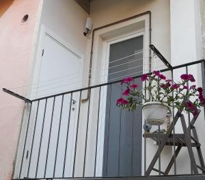 un pot de fleurs assis sur une balustrade à côté d'une porte dans l'établissement Casa Adelina - Appartamento Pallanza centro, à Verbania