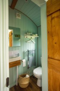 a bathroom with a sink and a toilet and a mirror at Mulsford Cottage in Malpas