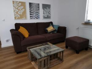 ein Wohnzimmer mit einem braunen Sofa und einem Couchtisch in der Unterkunft Ferienwohnung Koblenz Goldgrube in Koblenz