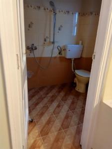 een badkamer met een douche, een toilet en een wastafel bij Kasauli Inn in Kasauli