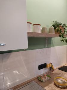 una cucina con due ripiani in legno sul muro di Appartamento Salvia in centro ad Ascea