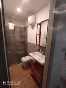 a bathroom with a shower and a sink and a toilet at LA CASITA in Orvieto