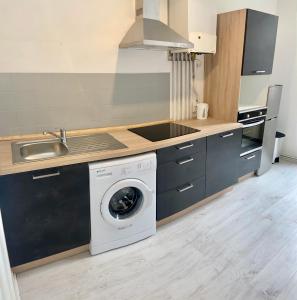 eine Küche mit einer Waschmaschine und einem Waschbecken in der Unterkunft Le Moderne in Issoudun