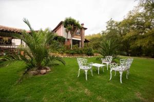 a group of chairs and a table in a yard at Hospedaje Villa Eucalyptus in Nobsa