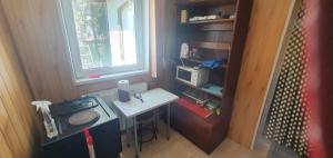 a small kitchen with a stove and a window at Стая за гости "Ирина" in Balchik