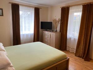 1 dormitorio con 1 cama, TV y ventanas en Nida Lotmiškio 15 en Nida