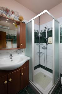 a bathroom with a sink and a shower at Villa René in Koskinou