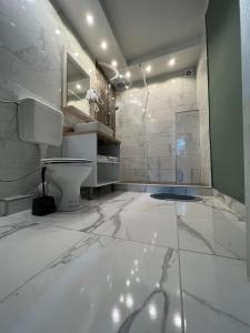 uma casa de banho branca com um WC e um chuveiro em Guest House Time Out em Saraievo