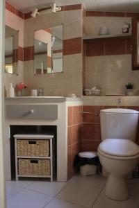 La salle de bains est pourvue de toilettes, d'un lavabo et d'un miroir. dans l'établissement gite de la rue droite, à Turenne