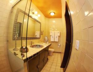a bathroom with a sink and a toilet and a mirror at CASA ALFAREROS in Guadalajara