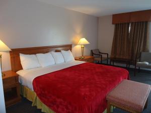 ウッドストックにあるWestmount Motelの大きなベッド(赤い毛布付)が備わる客室です。