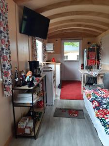 a small kitchen and living room in a tiny house at Pipowagen Bergeijk in Bergeijk