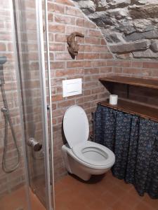 een badkamer met een toilet en een glazen douche bij Cantina antica in Colonno